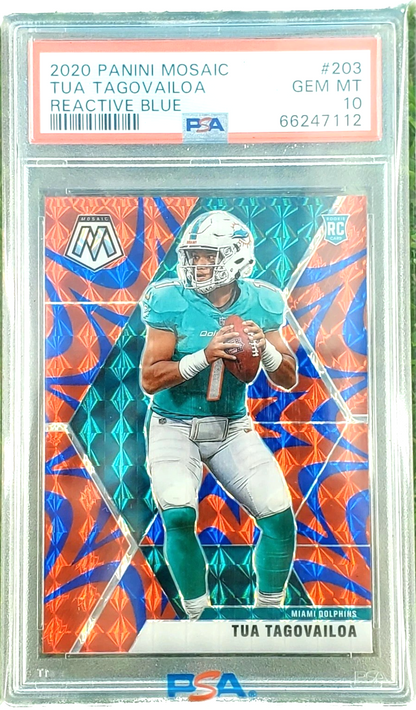 2020 Panini Mosaic Football 203 Tua Tagovailoa Reactive Blue Rookie PSA 10 Prizm