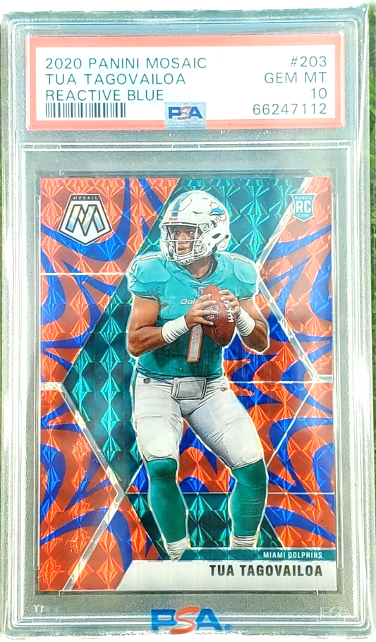 2020 Panini Mosaic Football 203 Tua Tagovailoa Reactive Blue Rookie PSA 10 Prizm