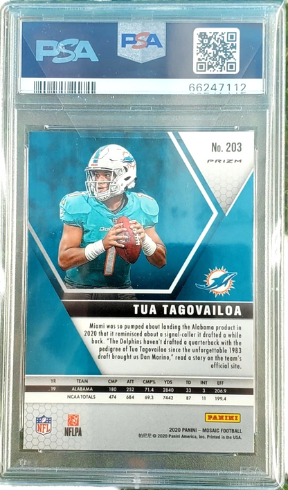 2020 Panini Mosaic Football 203 Tua Tagovailoa Reactive Blue Rookie PSA 10 Prizm