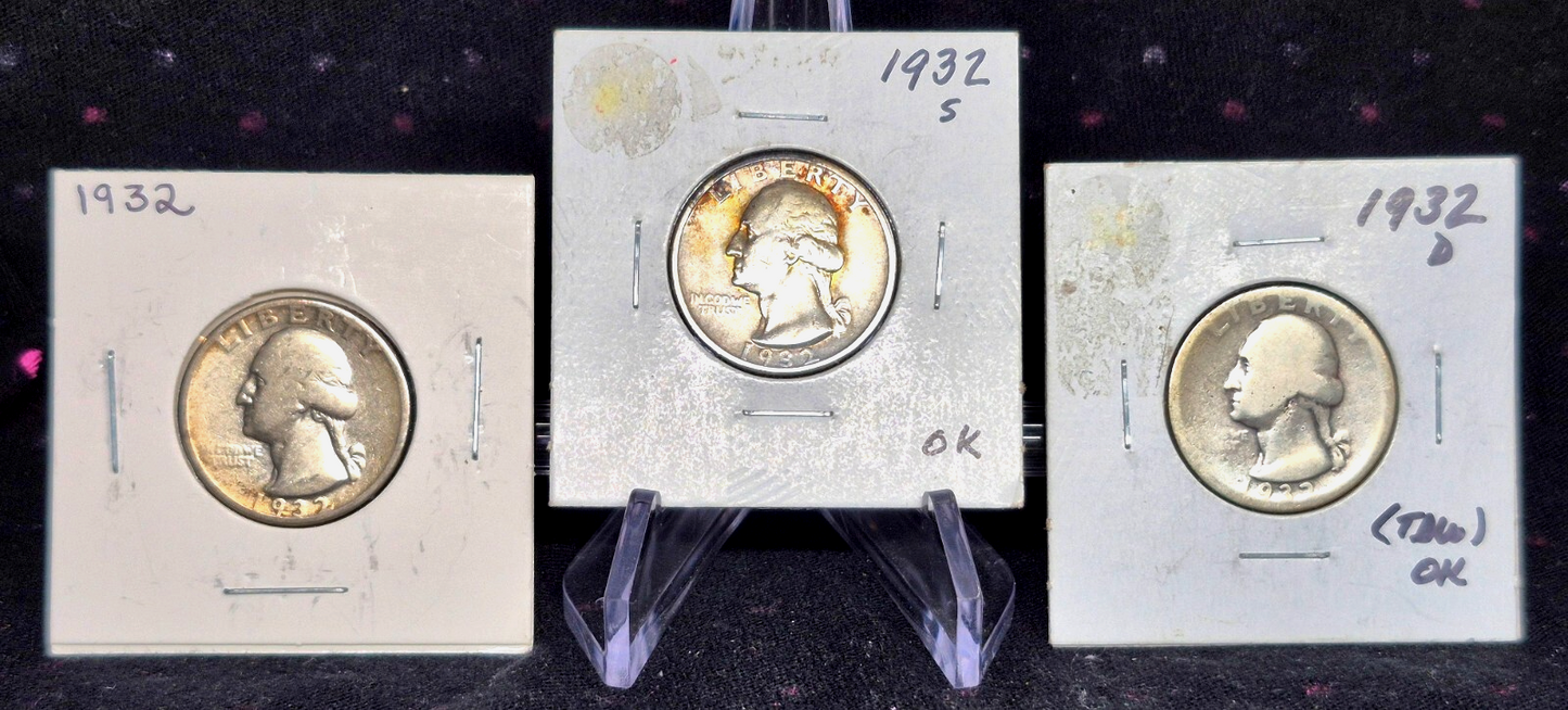 1932 P/D/S Washington SILVER Quarter 3 Coin Set First Year Of Series Key Dates