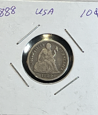 1888-S Seated Dime 90% Silver FINE - VERY FINE San Francisco Coin FULL LIBERTY