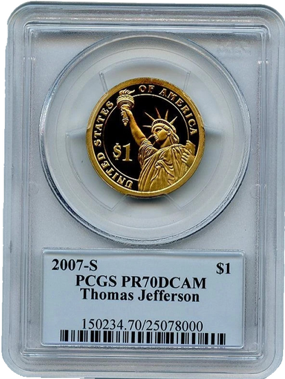 2007 S $1 Thomas Jefferson Dollar PCGS PR70DCAM 3rd USA President Photo Label