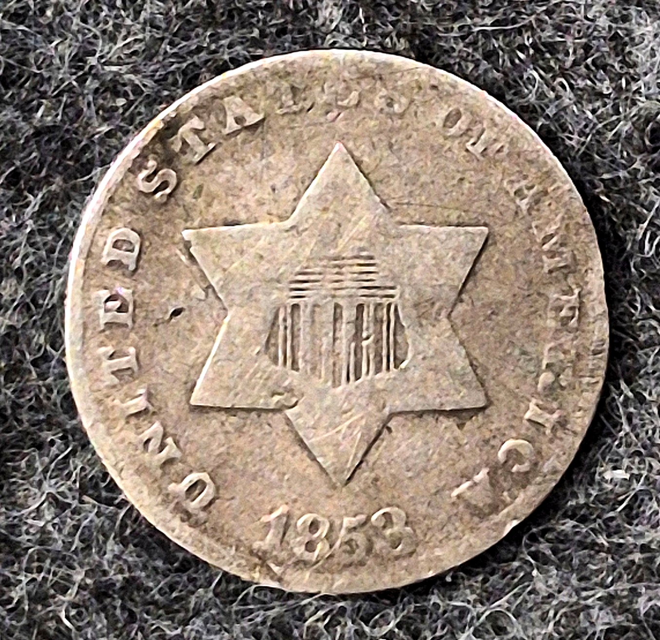 1853 Three Cent Silver Piece Trime, Last Year of Type 1, Historic US Coin 3C
