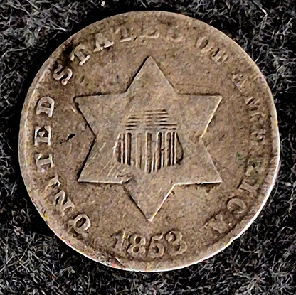1853 Three Cent Silver Piece Trime, Last Year of Type 1, Historic US Coin 3C