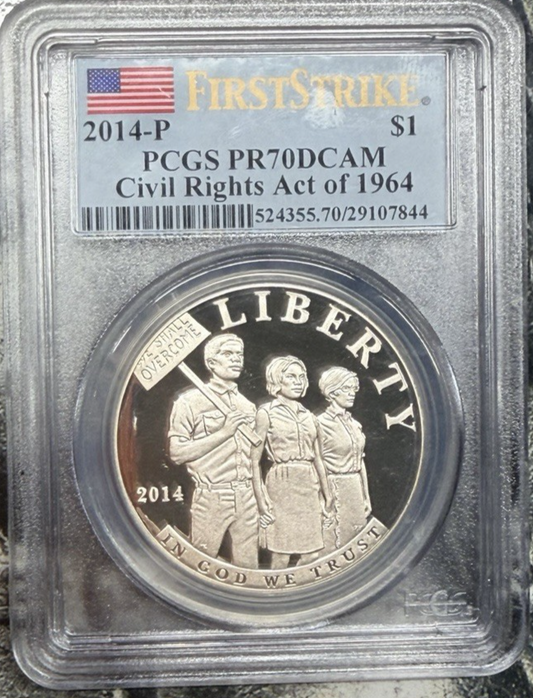 2014-P PCGS PR70 Civil Rights Act 90% Silver Dollar FIRST STRIKE Flag Label