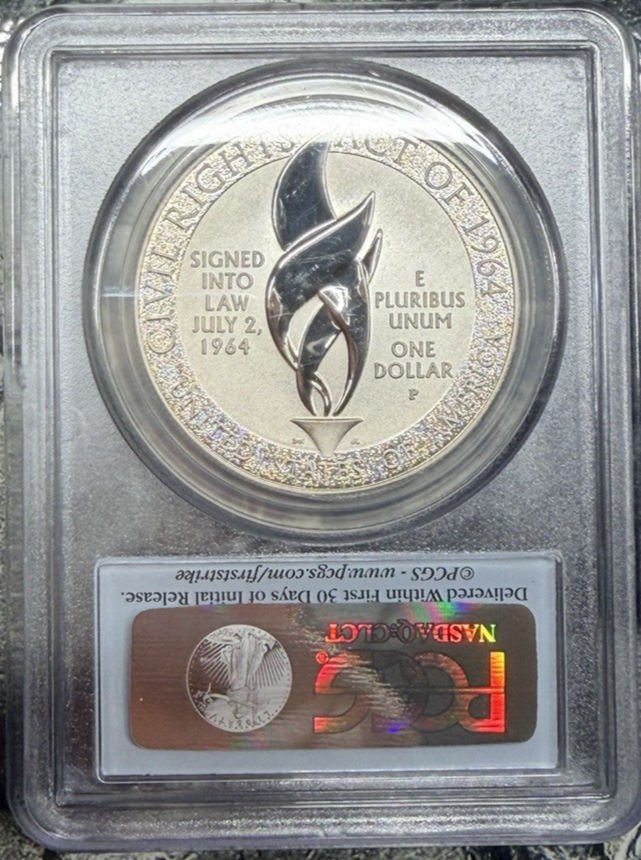2014-P PCGS PR70 Civil Rights Act 90% Silver Dollar FIRST STRIKE Flag Label