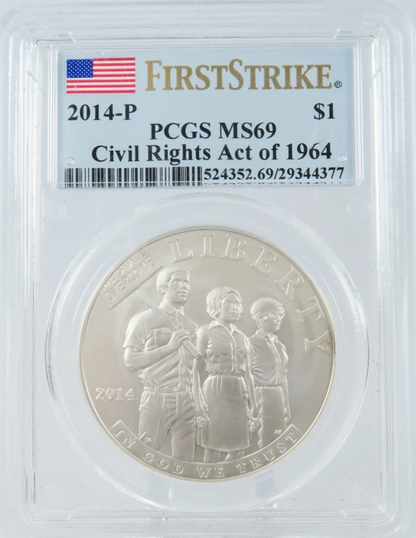 2014-P PCGS PR70 Civil Rights Act 90% Silver Dollar FIRST STRIKE Flag Label