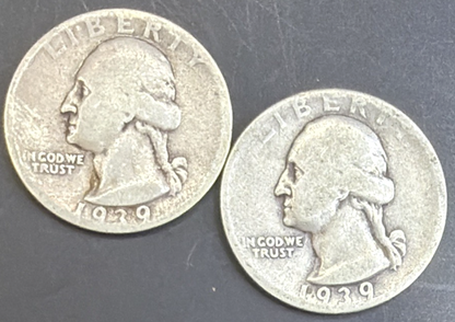 1939-S&D Washington Quarters 90% Silver Coins KEY DATES 2 Coin Set #1418