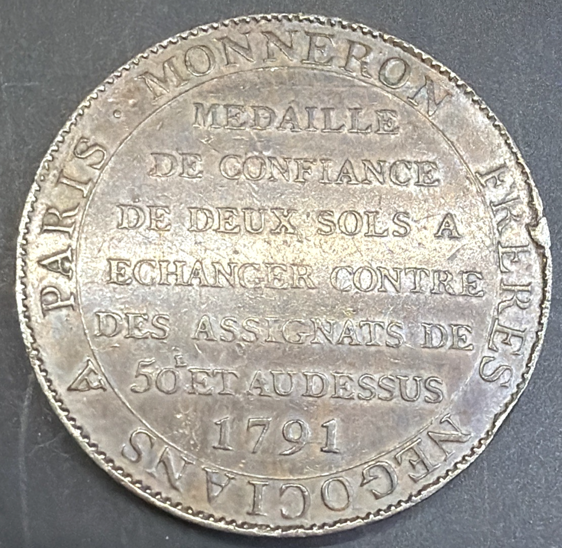 1791 France 2 Soles AU About Uncirculated Monneron Paris Liberte Sous La Loi