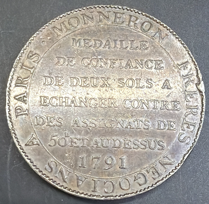 1791 France 2 Soles AU About Uncirculated Monneron Paris Liberte Sous La Loi