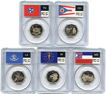 2002 S 5 Coin State Quarter Set PCGS PR69DCAM TN OH LA IN MS Seal & Flag Label