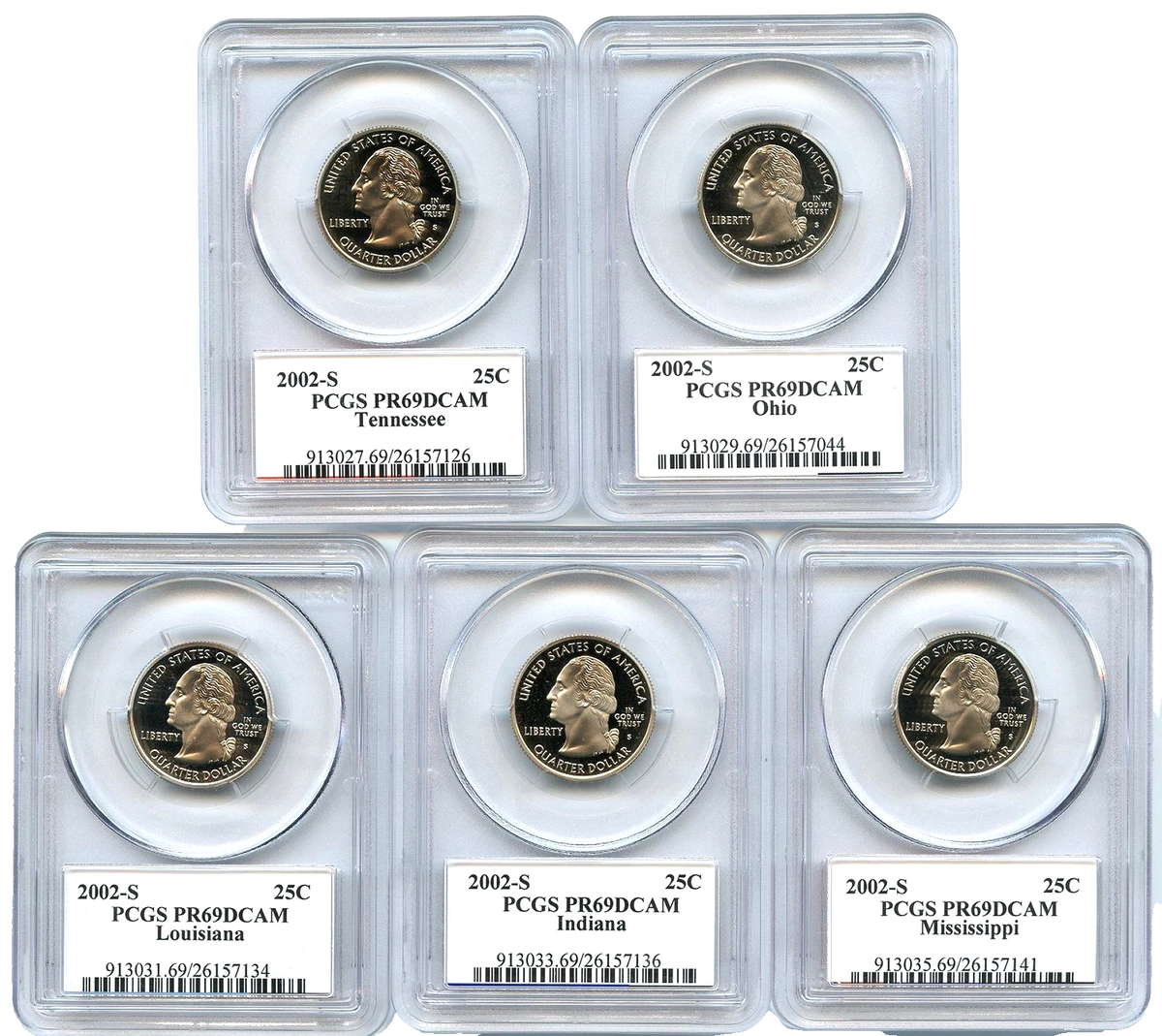 2002 S 5 Coin State Quarter Set PCGS PR69DCAM TN OH LA IN MS Seal & Flag Label