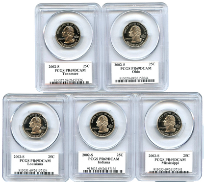 2002 S 5 Coin State Quarter Set PCGS PR69DCAM TN OH LA IN MS Seal & Flag Label
