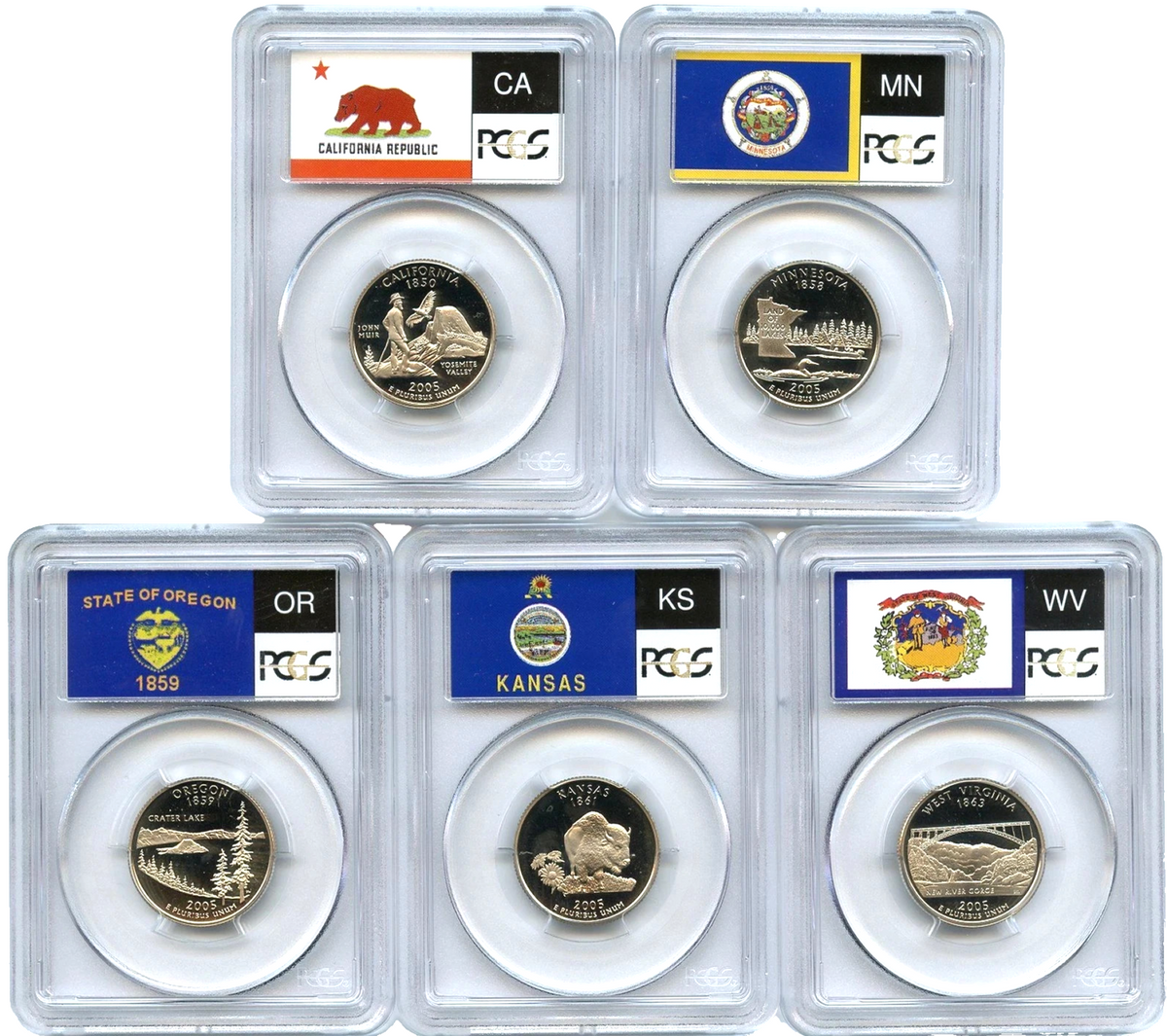 2005 S 5 Coin State Quarter Set PCGS PR69DCAM CA MN OR KS WV Seal & Flag Label