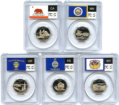 2005 S 5 Coin State Quarter Set PCGS PR69DCAM CA MN OR KS WV Seal & Flag Label