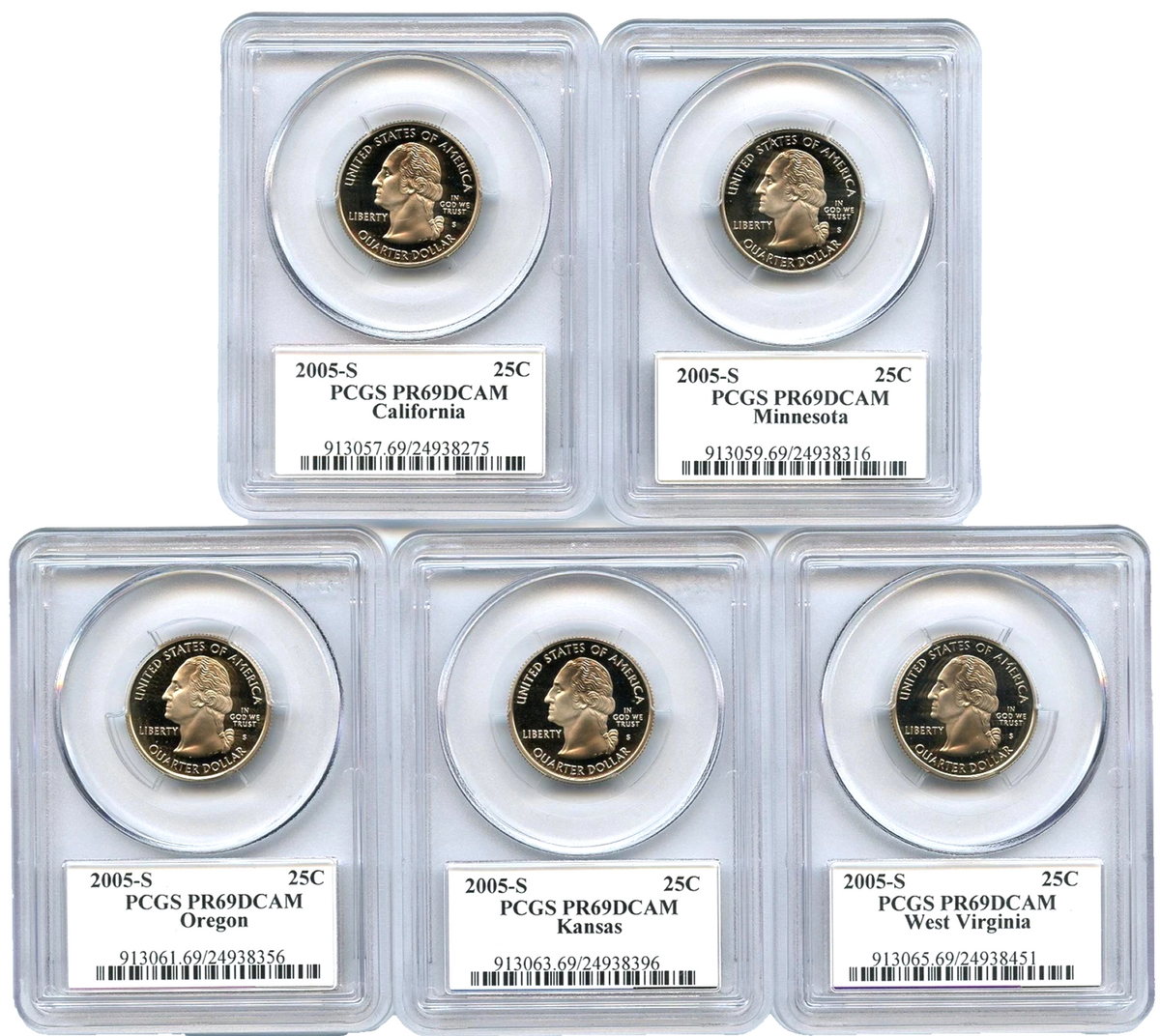 2005 S 5 Coin State Quarter Set PCGS PR69DCAM CA MN OR KS WV Seal & Flag Label