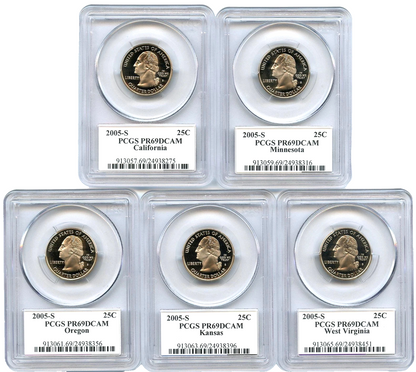 2005 S 5 Coin State Quarter Set PCGS PR69DCAM CA MN OR KS WV Seal & Flag Label