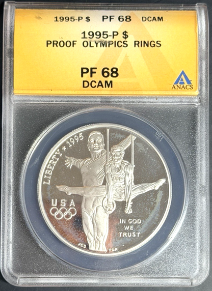 1995-P Atlanta Olympics Gymnastics Rings 90% SILVER $1 Coin PCGS PF68DCAM Proof