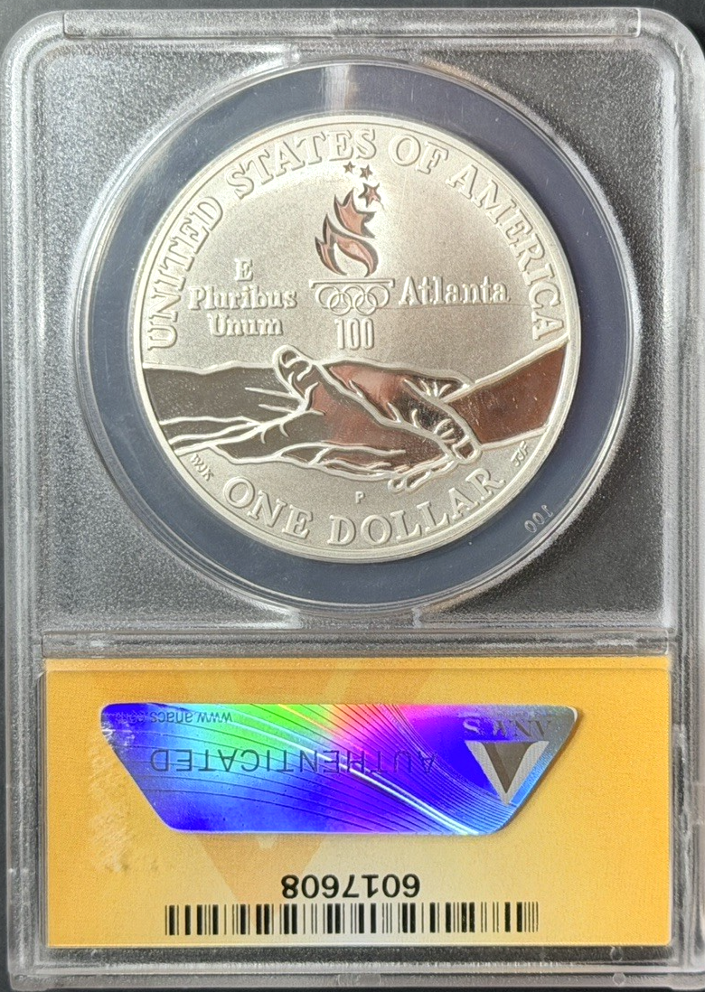 1995-P Atlanta Olympics Gymnastics Rings 90% SILVER $1 Coin PCGS PF68DCAM Proof