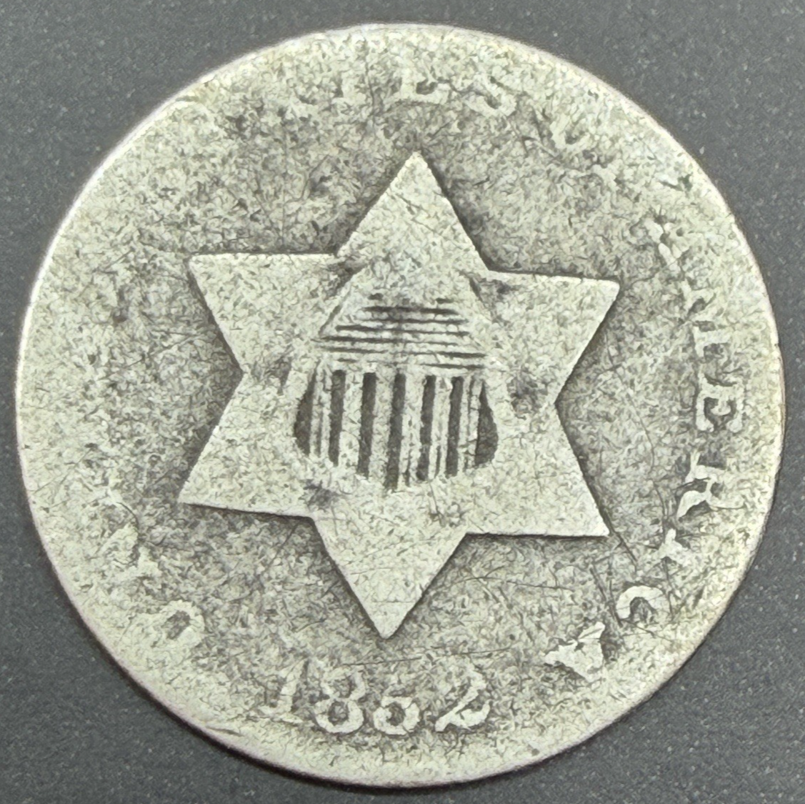 1852 Three Cent Silver Trime, G-VG Type 1, Star Obverse Without Border 3C Coin