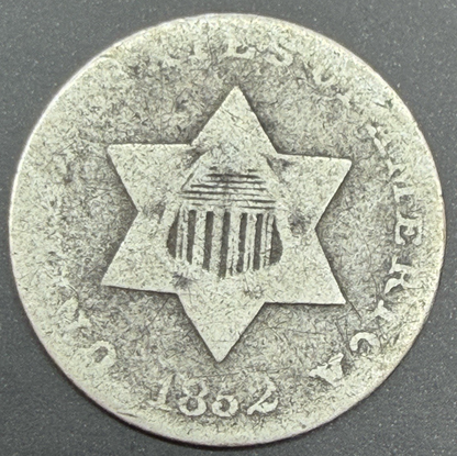 1852 Three Cent Silver Trime, G-VG Type 1, Star Obverse Without Border 3C Coin