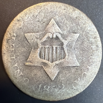 1852 Three Cent Silver Trime, AG at best, Type 1, Star Obverse No Border 3C Coin
