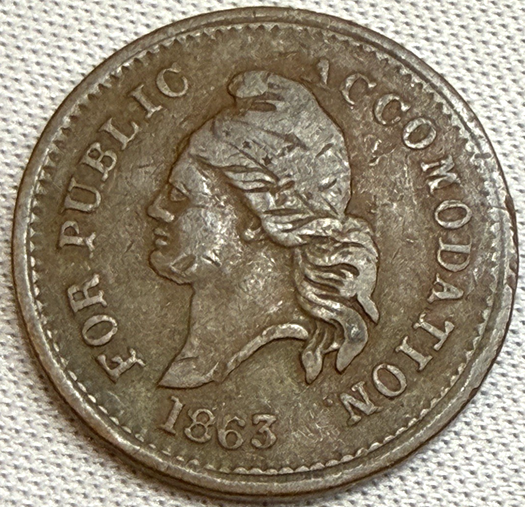 1863 "ACCOMODATION" Civil War Token Extremely Fine (XF) Condition Copper Coin