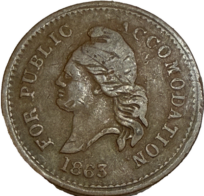 1863 "ACCOMODATION" Civil War Token Extremely Fine (XF) Condition Copper Coin