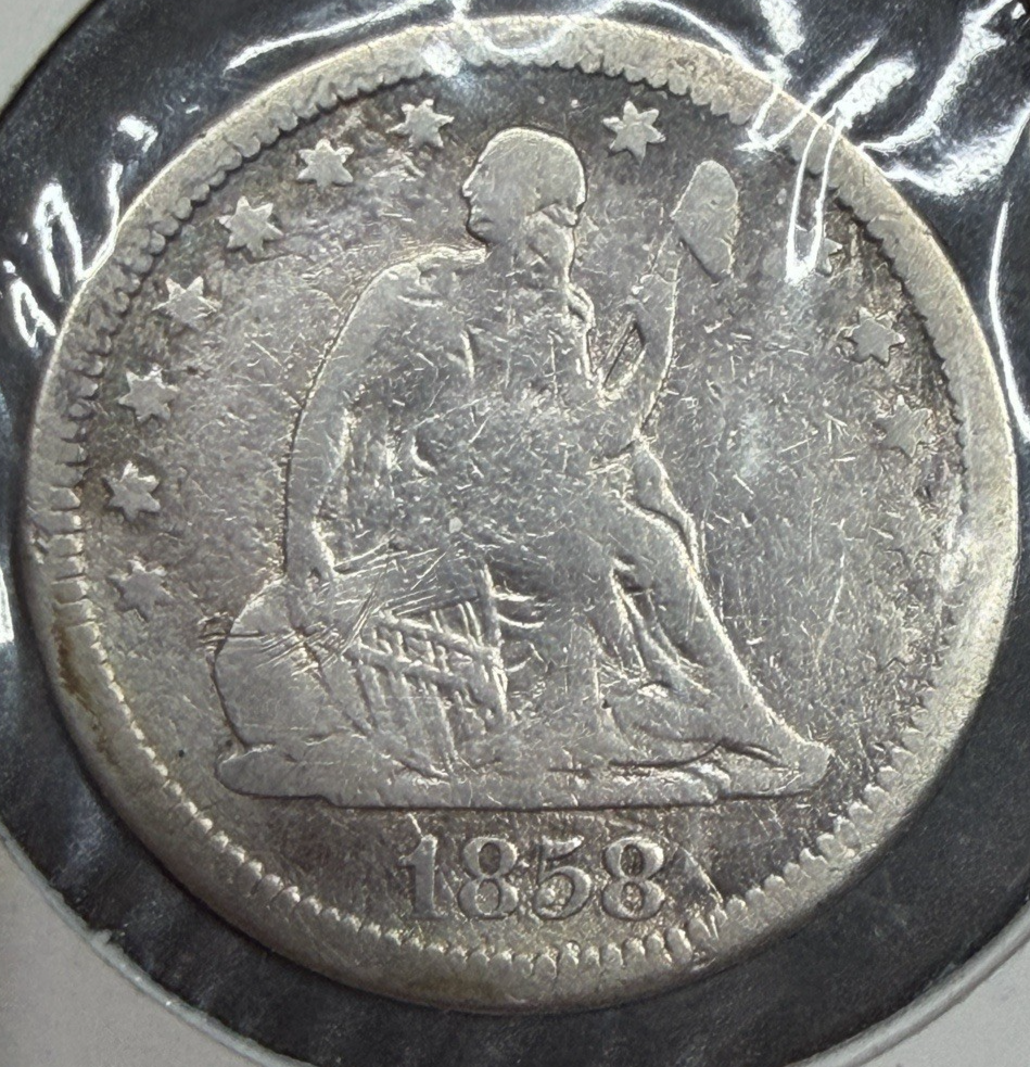 1858 Seated Liberty Quarter 90% Silver Pre-Civil War Liberty Fine Obverse Coin