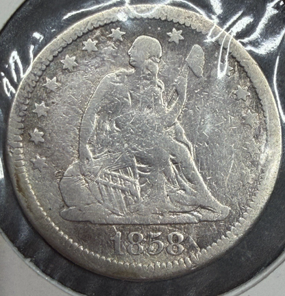 1858 Seated Liberty Quarter 90% Silver Pre-Civil War Liberty Fine Obverse Coin