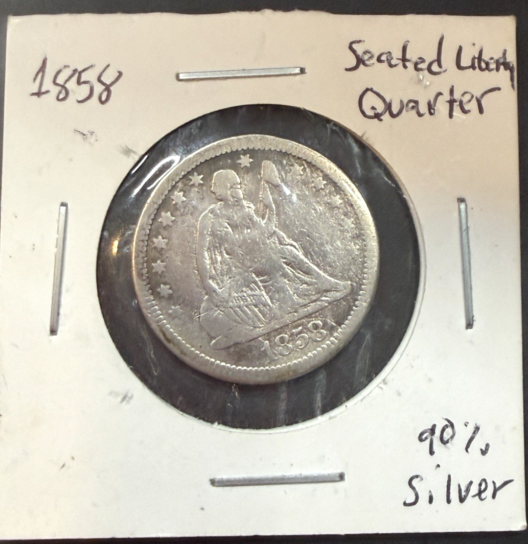 1858 Seated Liberty Quarter 90% Silver Pre-Civil War Liberty Fine Obverse Coin