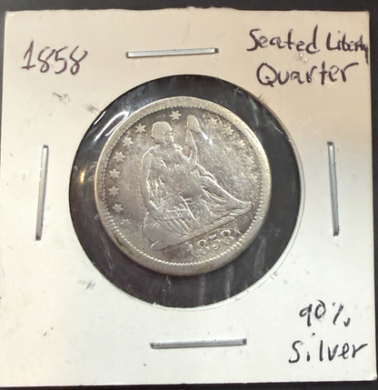 1858 Seated Liberty Quarter 90% Silver Pre-Civil War Liberty Fine Obverse Coin