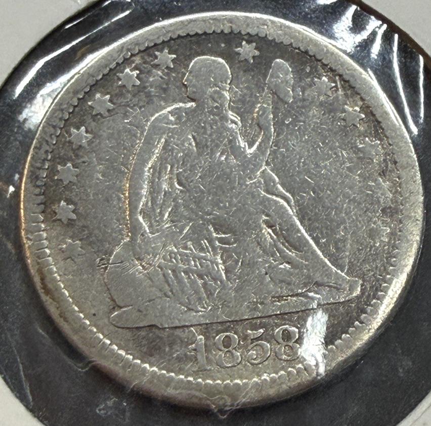 1858 Seated Liberty Quarter 90% Silver Pre-Civil War Liberty Fine Obverse Coin