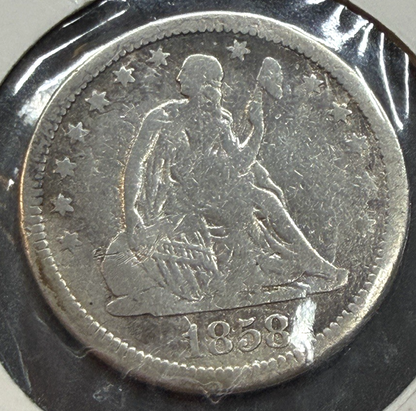 1858 Seated Liberty Quarter 90% Silver Pre-Civil War Liberty Fine Obverse Coin