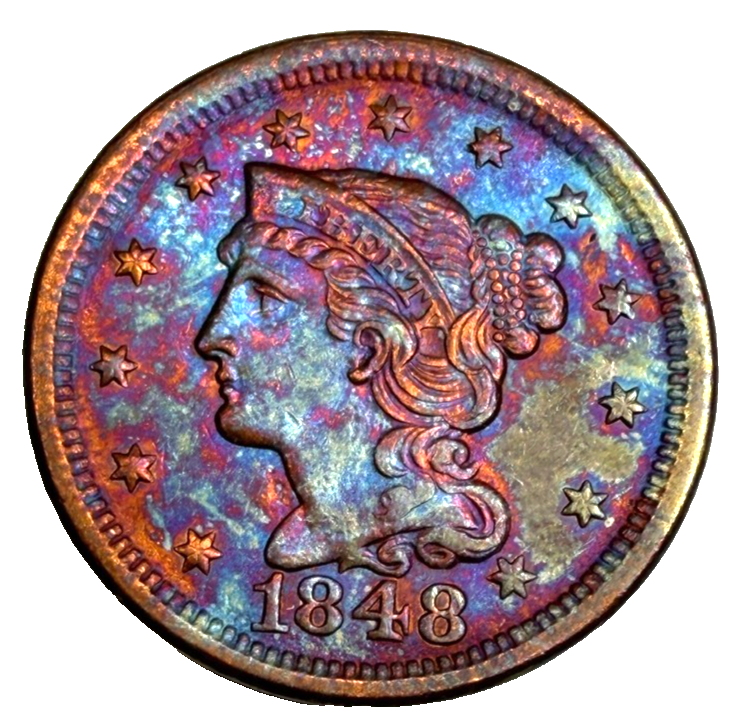SUPER TONER 1848 Braided Hair Large Cent AU/BU Features BEAUTIFUL 1c Copper Coin