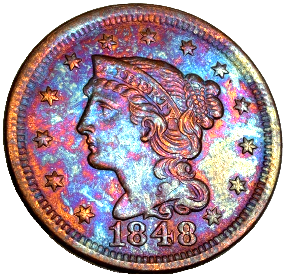 SUPER TONER 1848 Braided Hair Large Cent AU/BU Features BEAUTIFUL 1c Copper Coin