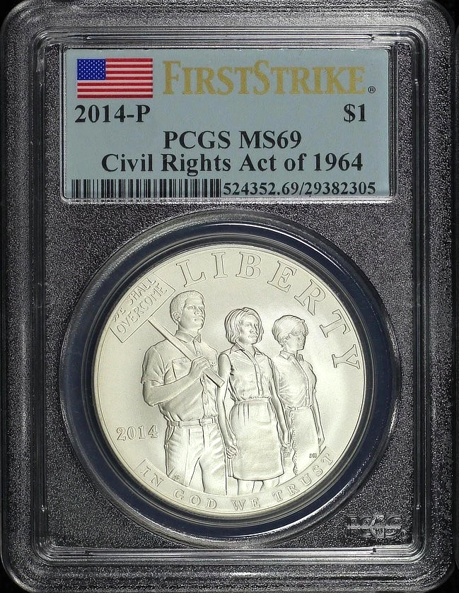 2014-P PCGS MS69 Civil Rights Act 1964 🔥FIRST STRIKE 90% Silver Dollar USA Flag