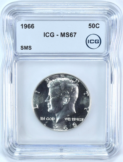 1966 Kennedy Half Dollar SMS MS67 ICG 40% SILVER Proof-Like Shiny Coin