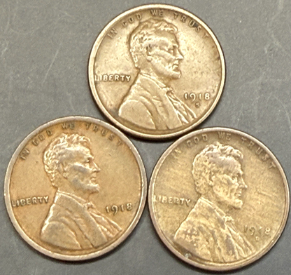 1918-P-D-S Lincoln Wheat Cents - Denver is Mint Error WOODY Improper Alloy F-VF+