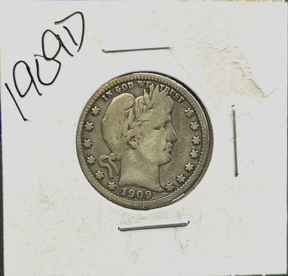1909-D Barber 90% Silver Quarter 25c Lower Mintage Collectible Coin