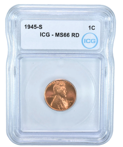 1945-S Lincoln Wheat Cent MS66 RD ICG Graded Post WWII Red Shiny Penny 1c Coin