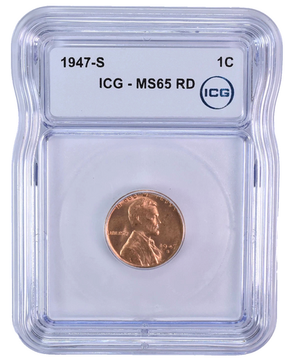 1947 S Lincoln Wheat Cent MS65 RD ICG Graded Post WWII Red Shiny Penny 1c Coin