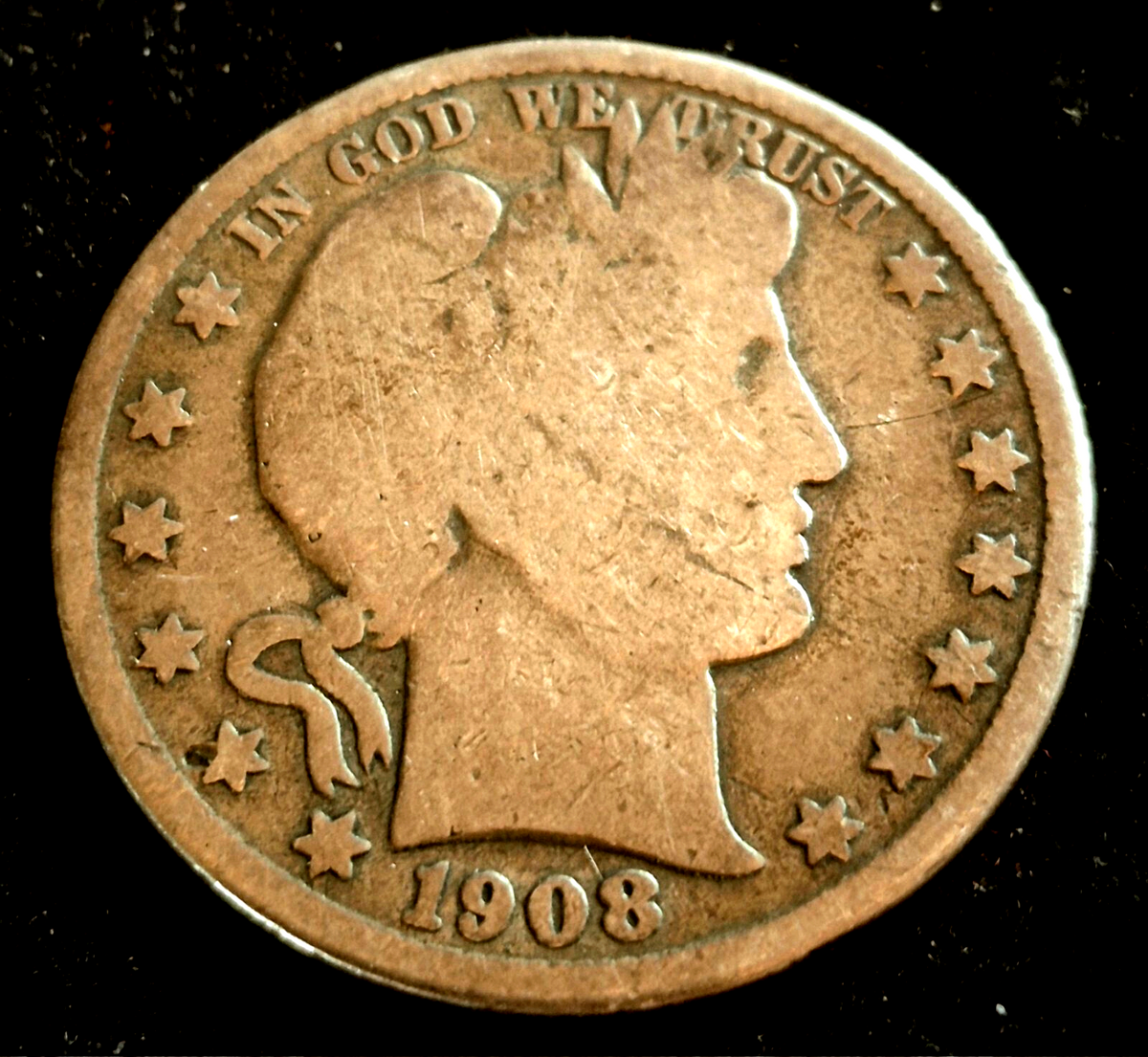 1908 D Barber Half Dollar 90% Silver G+ Features 50C Hole On Reverse Coin Shown
