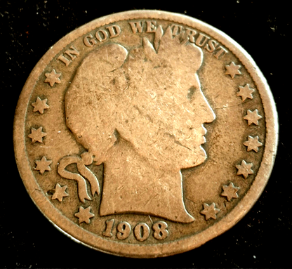 1908 D Barber Half Dollar 90% Silver G+ Features 50C Hole On Reverse Coin Shown