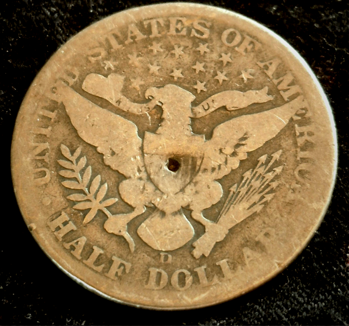 1908 D Barber Half Dollar 90% Silver G+ Features 50C Hole On Reverse Coin Shown