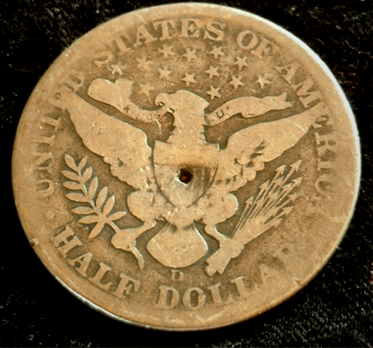 1908 D Barber Half Dollar 90% Silver G+ Features 50C Hole On Reverse Coin Shown