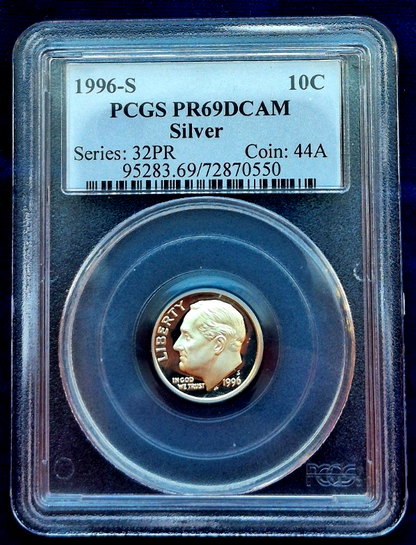1996-S Roosevelt Dime PCGS High Grade PR69DCAM 90% Silver Series 32PR Coin 44A