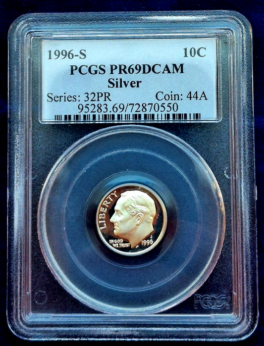 1996-S Roosevelt Dime PCGS High Grade PR69DCAM 90% Silver Series 32PR Coin 44A