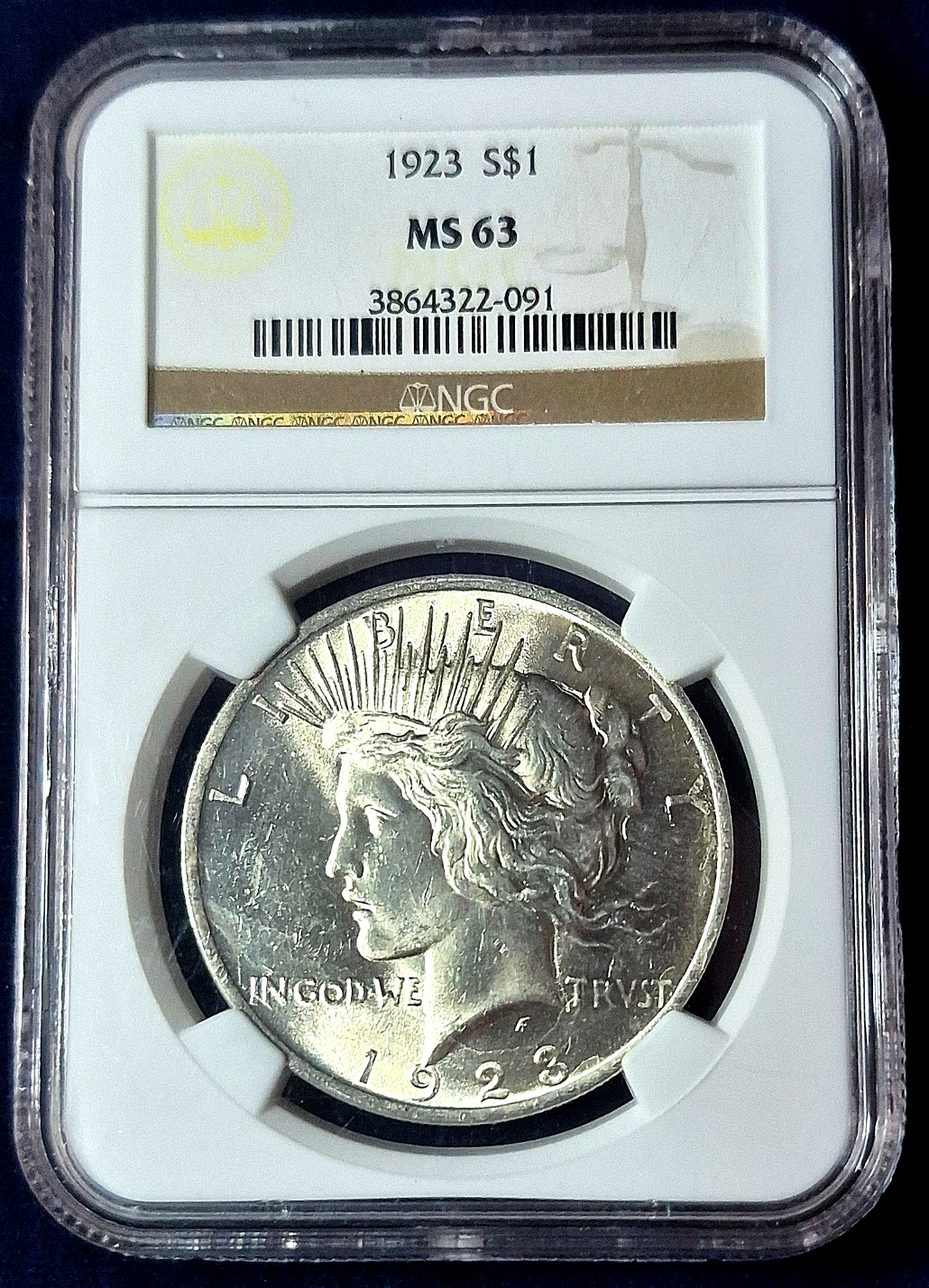 1923 NGC Exceptional MS63 90% Silver Peace Dollar Rare Yellow Scale = (⭐ Label )