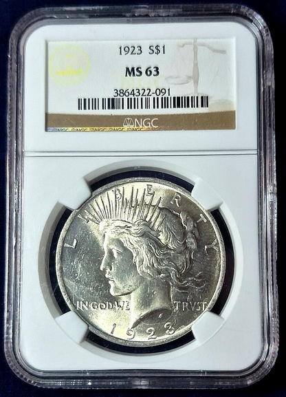 1923 NGC Exceptional MS63 90% Silver Peace Dollar Rare Yellow Scale = (⭐ Label )